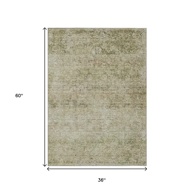 3' X 5' Sage And Beige Abstract Washable Indoor Outdoor Area Rug