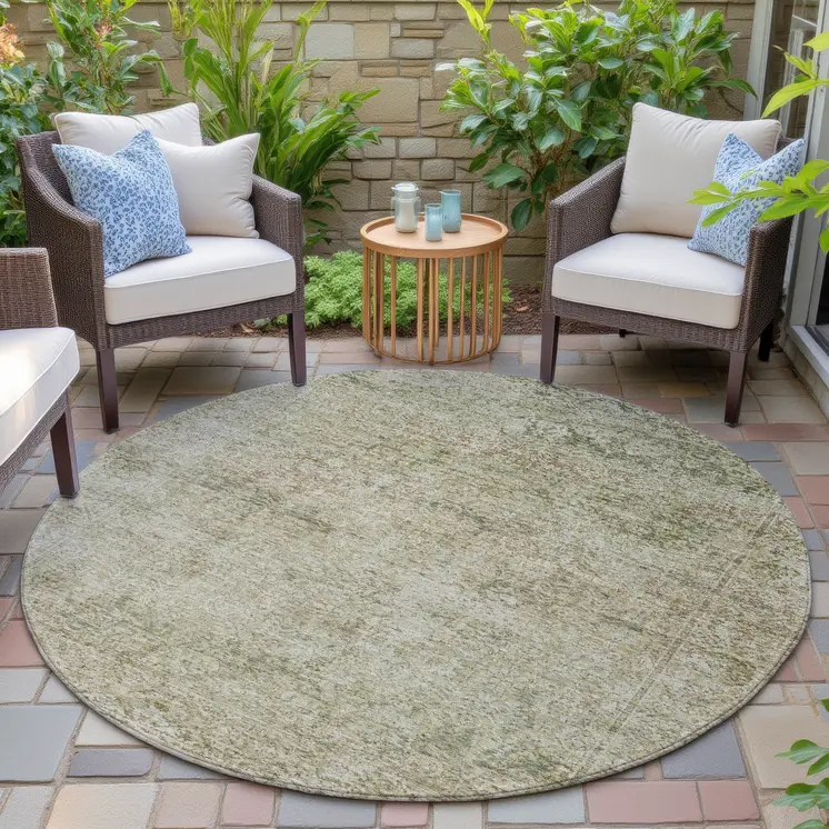 8' Sage And Beige Round Abstract Washable Indoor Outdoor Area Rug