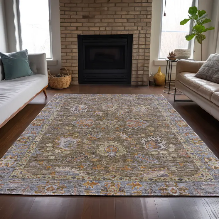 3' X 5' Brown And Lavender Floral Washable Indoor Outdoor Area Rug