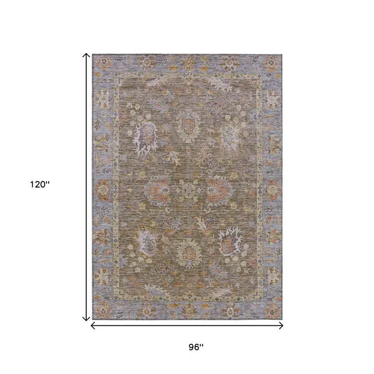 8' X 10' Brown And Lavender Floral Washable Indoor Outdoor Area Rug