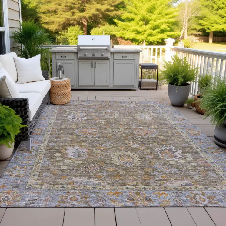 8' X 10' Brown And Lavender Floral Washable Indoor Outdoor Area Rug