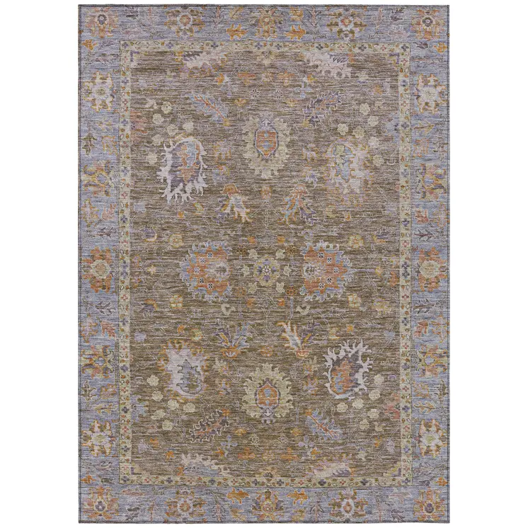 8' X 10' Brown And Lavender Floral Washable Indoor Outdoor Area Rug