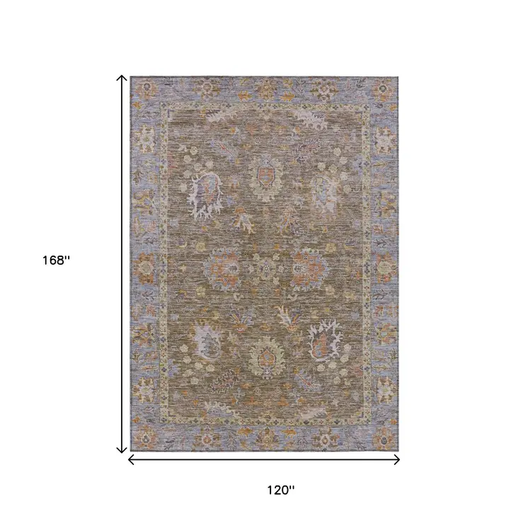 10' X 14' Brown And Lavender Floral Washable Indoor Outdoor Area Rug