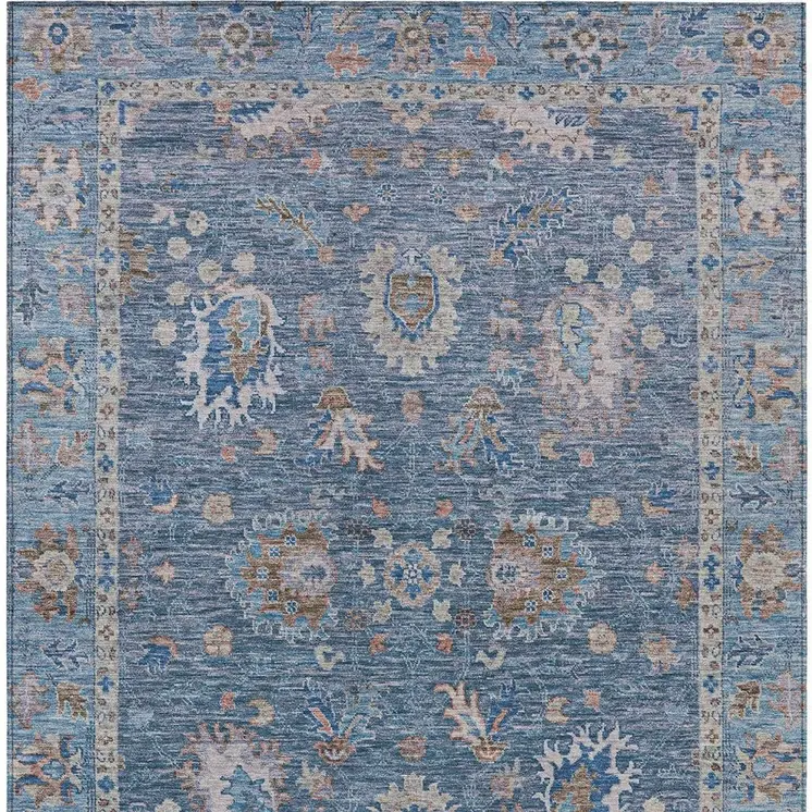 3' X 5' Blue And Beige Floral Washable Indoor Outdoor Area Rug