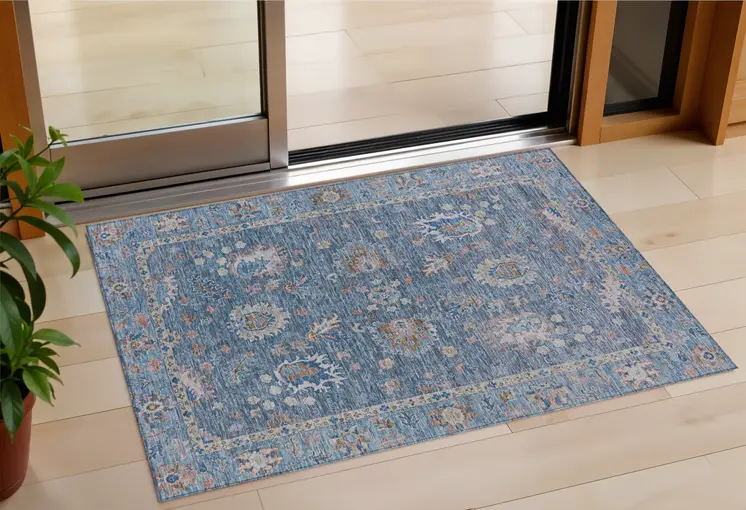 3' X 5' Blue And Beige Floral Washable Indoor Outdoor Area Rug
