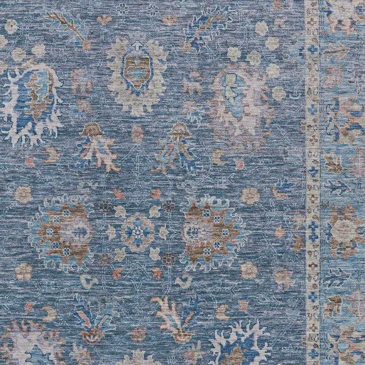 3' X 5' Blue And Beige Floral Washable Indoor Outdoor Area Rug
