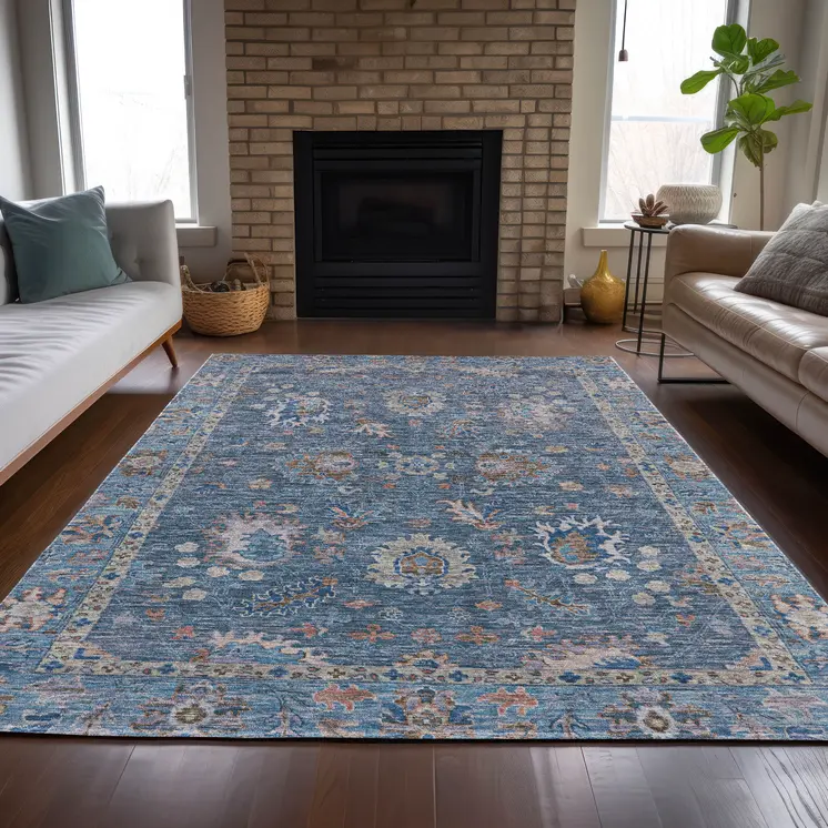 3' X 5' Blue And Beige Floral Washable Indoor Outdoor Area Rug