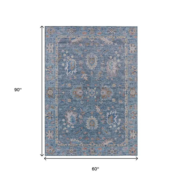 5' X 8' Blue And Beige Floral Washable Indoor Outdoor Area Rug