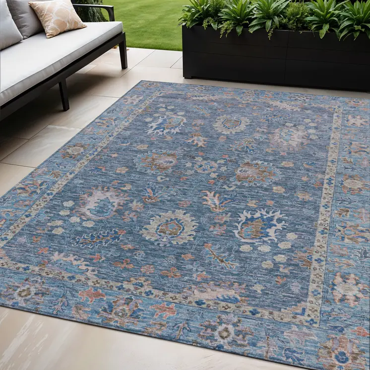 5' X 8' Blue And Beige Floral Washable Indoor Outdoor Area Rug