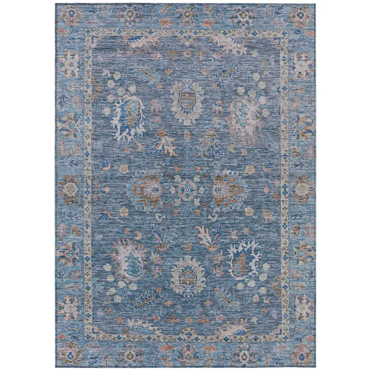 5' X 8' Blue And Beige Floral Washable Indoor Outdoor Area Rug