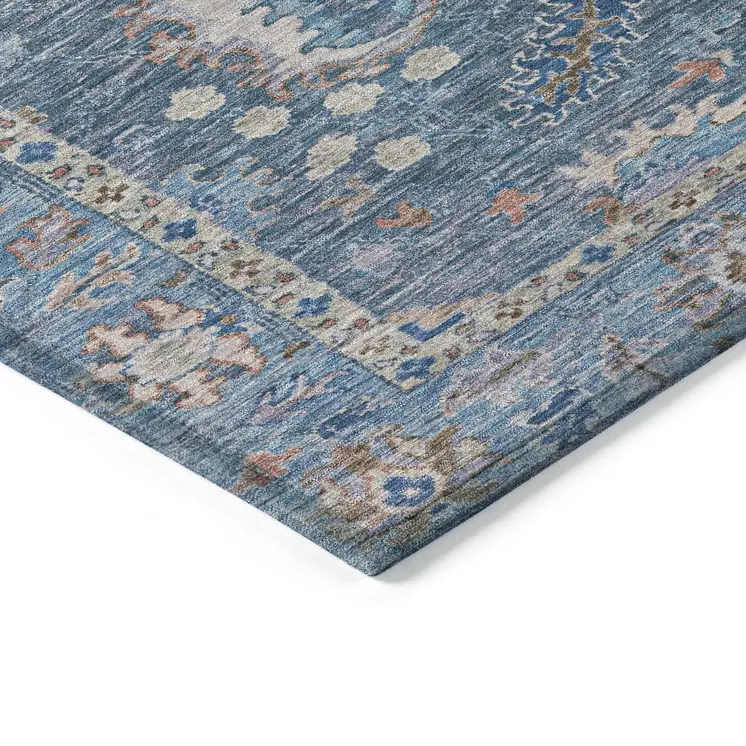 5' X 8' Blue And Beige Floral Washable Indoor Outdoor Area Rug