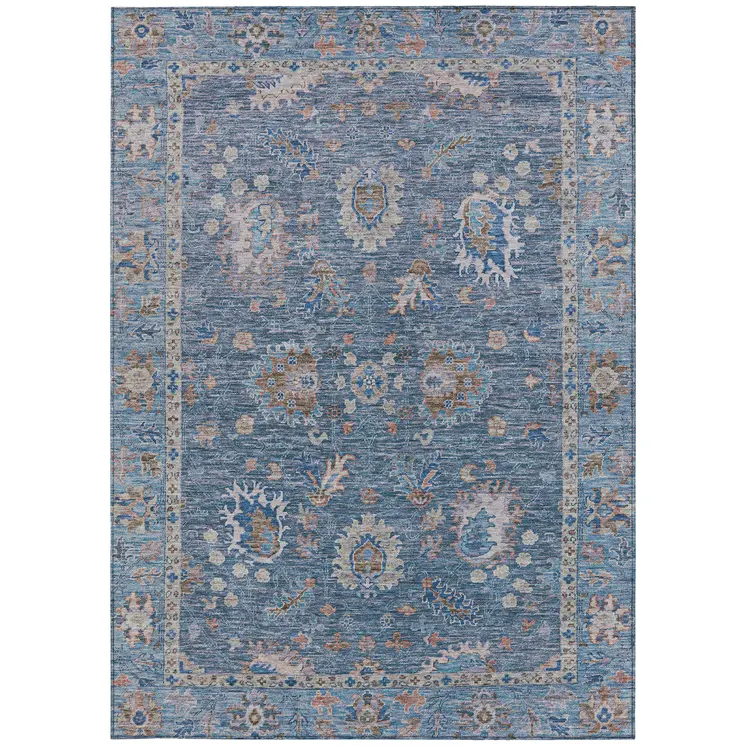 5' X 8' Blue And Beige Floral Washable Indoor Outdoor Area Rug