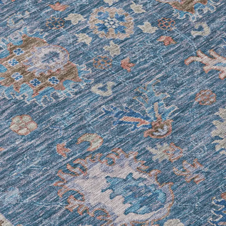 5' X 8' Blue And Beige Floral Washable Indoor Outdoor Area Rug
