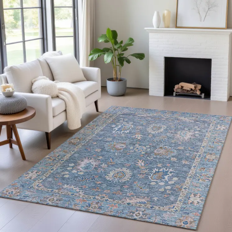 5' X 8' Blue And Beige Floral Washable Indoor Outdoor Area Rug