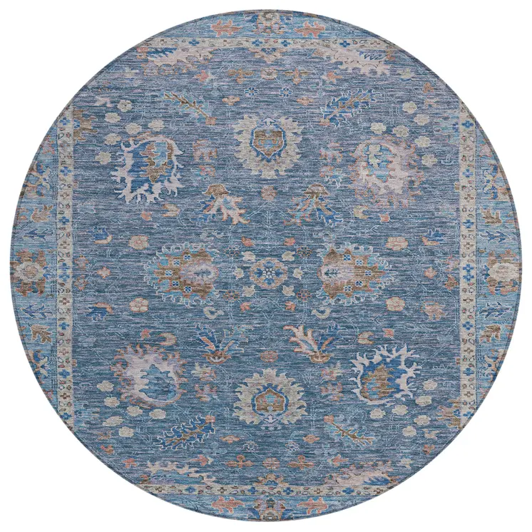 8' Blue And Beige Round Floral Washable Indoor Outdoor Area Rug