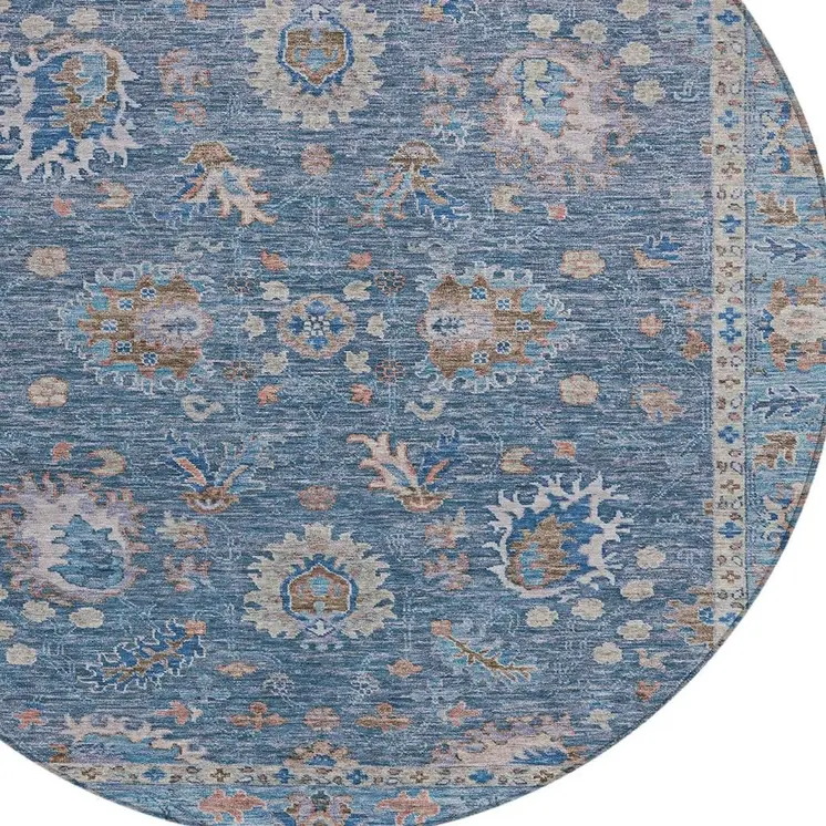 8' Blue And Beige Round Floral Washable Indoor Outdoor Area Rug