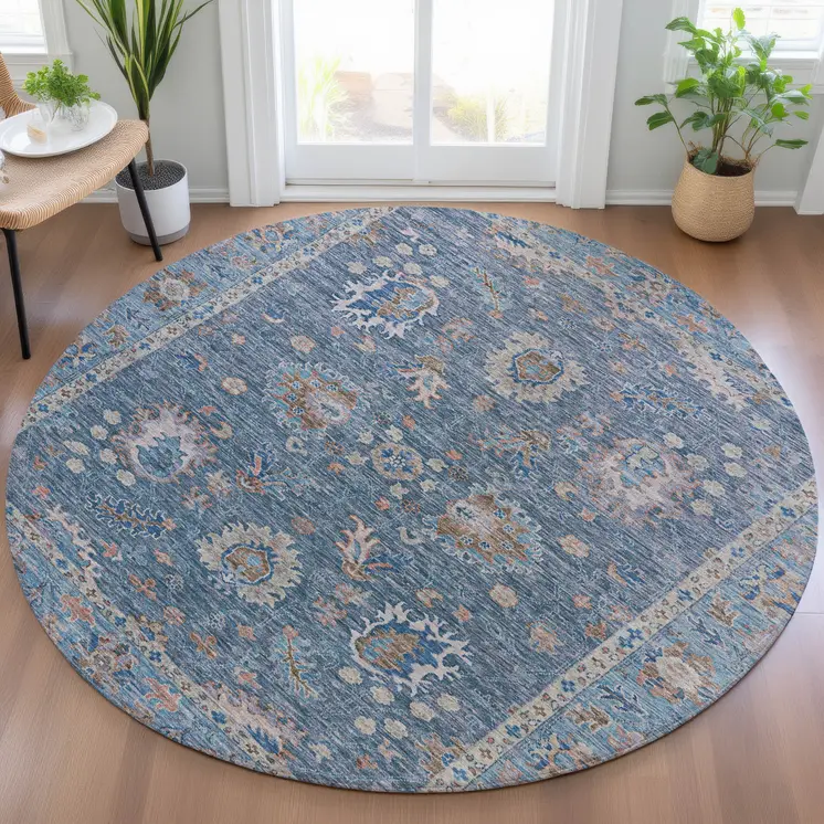 8' Blue And Beige Round Floral Washable Indoor Outdoor Area Rug