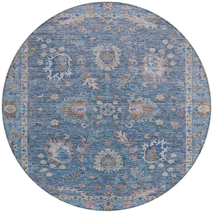 8' Blue And Beige Round Floral Washable Indoor Outdoor Area Rug
