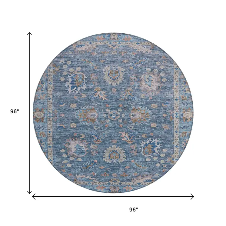8' Blue And Beige Round Floral Washable Indoor Outdoor Area Rug