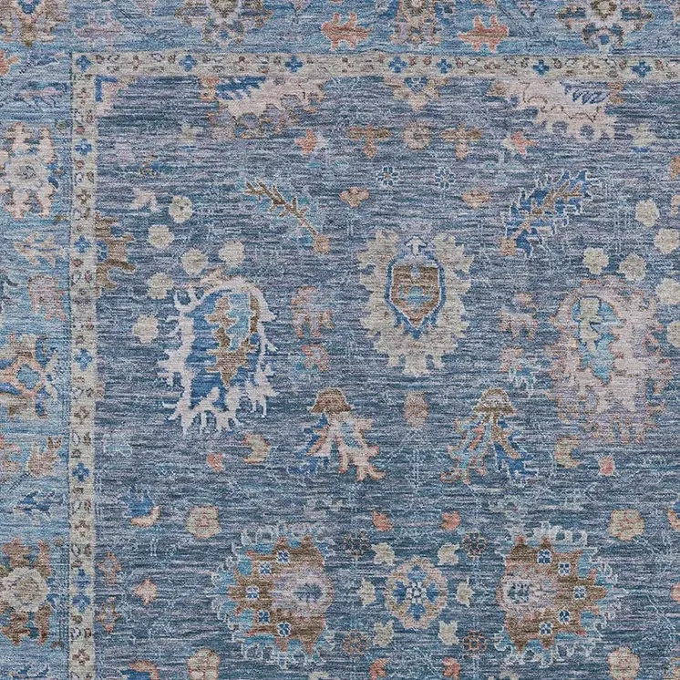 8' X 10' Blue And Beige Floral Washable Indoor Outdoor Area Rug