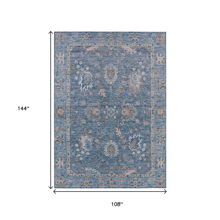 9' X 12' Blue And Beige Floral Washable Indoor Outdoor Area Rug