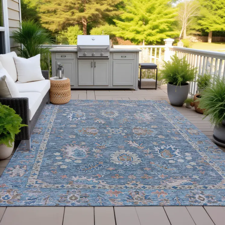 9' X 12' Blue And Beige Floral Washable Indoor Outdoor Area Rug