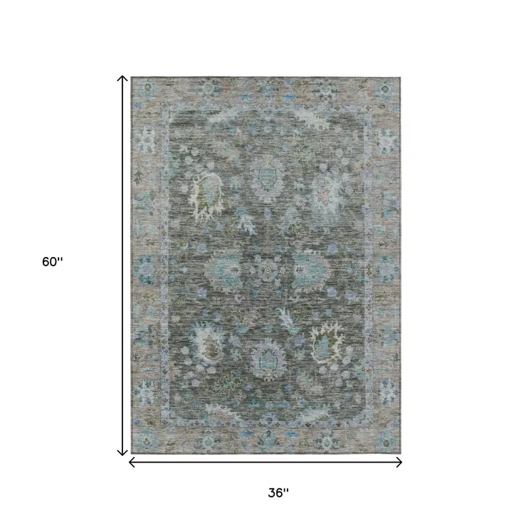 3' X 5' Fern Green And Denim Blue Floral Washable Indoor Outdoor Area Rug