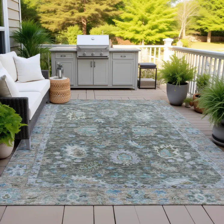 3' X 5' Fern Green And Denim Blue Floral Washable Indoor Outdoor Area Rug