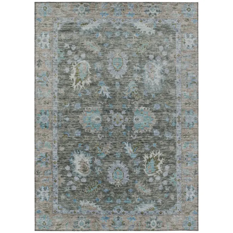 3' X 5' Fern Green And Denim Blue Floral Washable Indoor Outdoor Area Rug