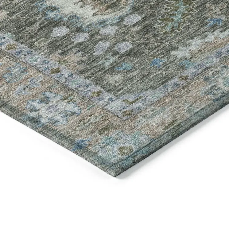 3' X 5' Fern Green And Denim Blue Floral Washable Indoor Outdoor Area Rug