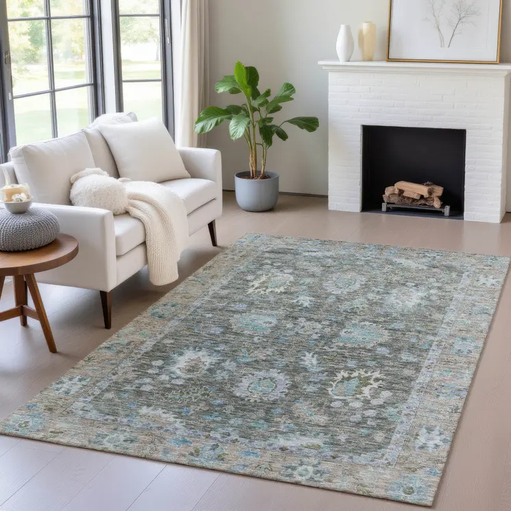 3' X 5' Fern Green And Denim Blue Floral Washable Indoor Outdoor Area Rug
