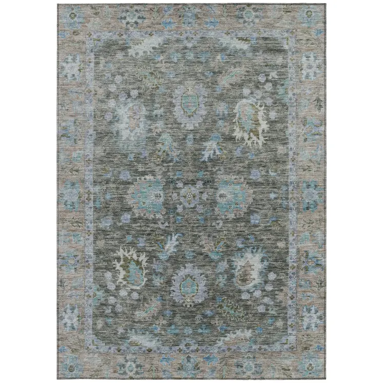 5' X 8' Fern Green And Denim Blue Floral Washable Indoor Outdoor Area Rug