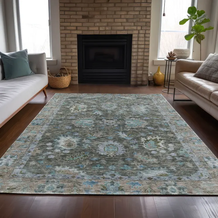 5' X 8' Fern Green And Denim Blue Floral Washable Indoor Outdoor Area Rug