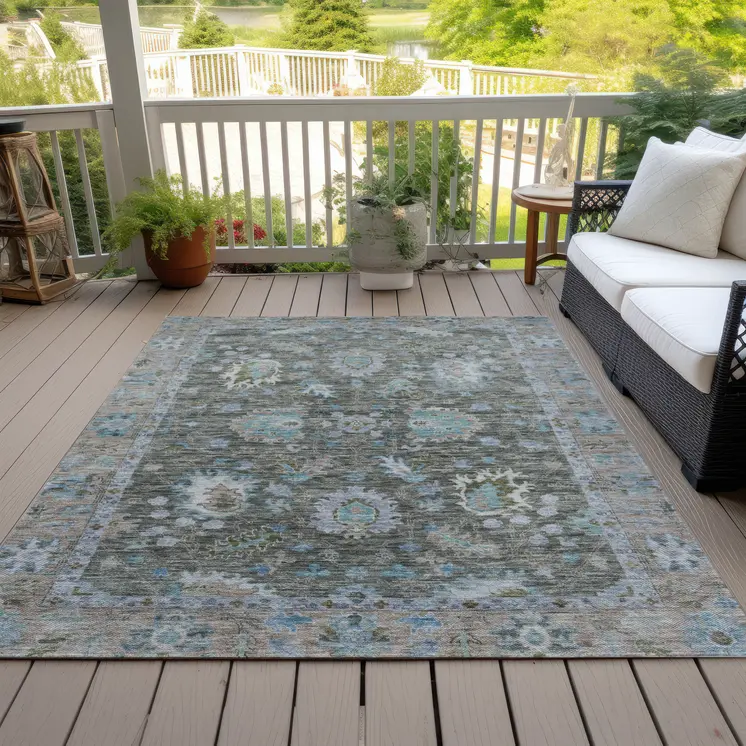 5' X 8' Fern Green And Denim Blue Floral Washable Indoor Outdoor Area Rug