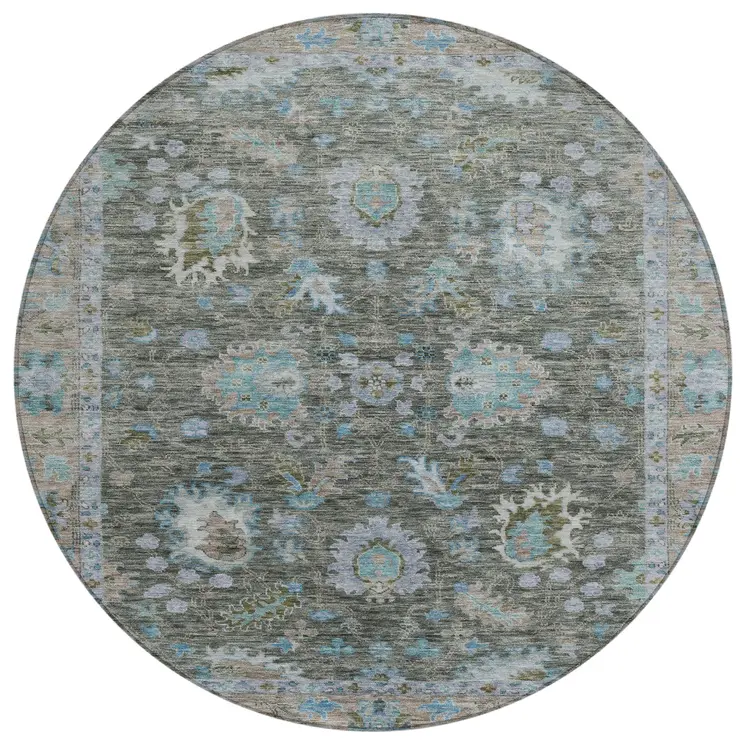 8' Fern Green And Denim Blue Round Floral Washable Indoor Outdoor Area Rug