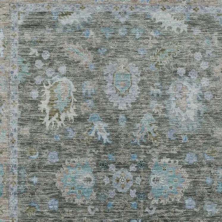 9' X 12' Fern Green And Denim Blue Floral Washable Indoor Outdoor Area Rug