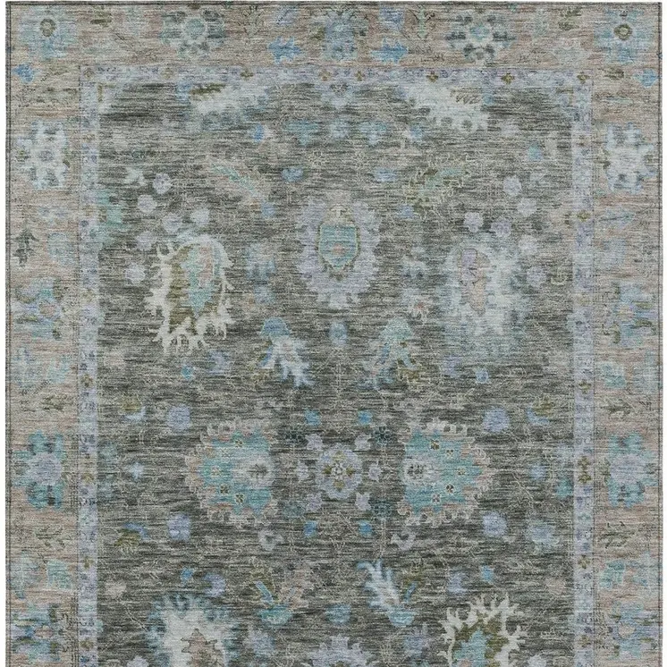 10' X 14' Fern Green And Denim Blue Floral Washable Indoor Outdoor Area Rug