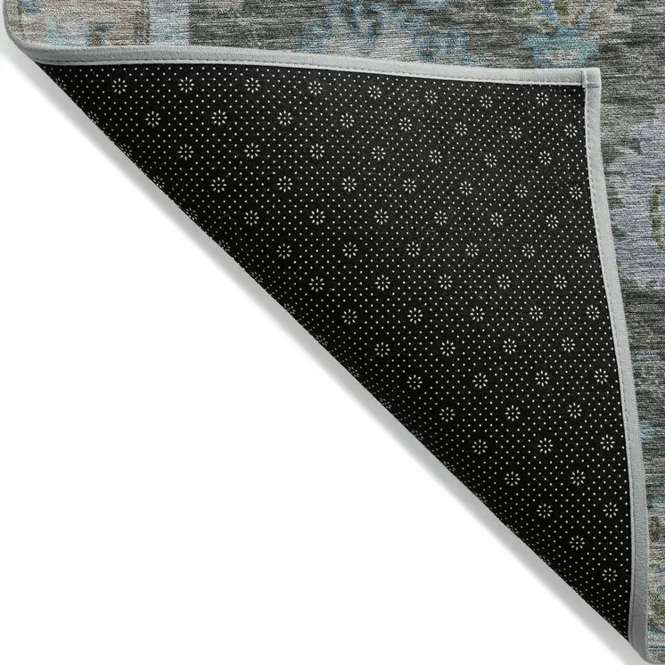 10' X 14' Fern Green And Denim Blue Floral Washable Indoor Outdoor Area Rug