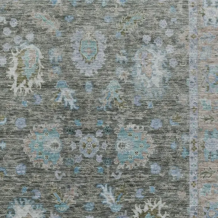 10' X 14' Fern Green And Denim Blue Floral Washable Indoor Outdoor Area Rug