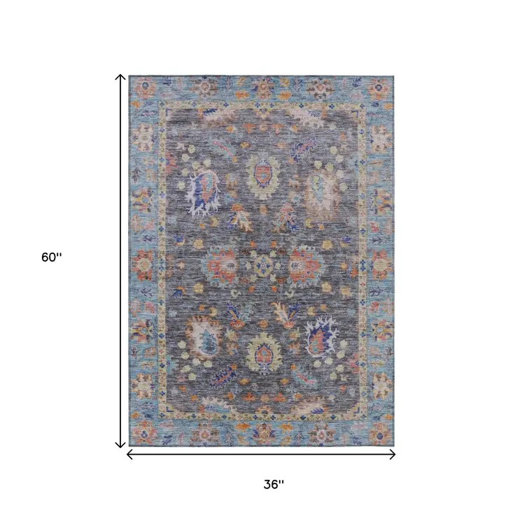 3' X 5' Gray And Denim Blue Floral Washable Indoor Outdoor Area Rug