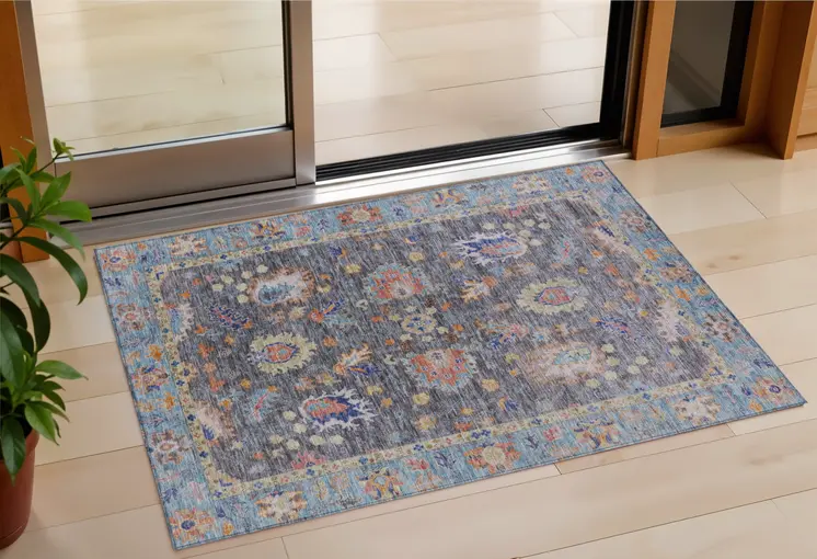 3' X 5' Gray And Denim Blue Floral Washable Indoor Outdoor Area Rug