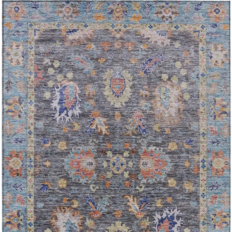 3' X 5' Gray And Denim Blue Floral Washable Indoor Outdoor Area Rug