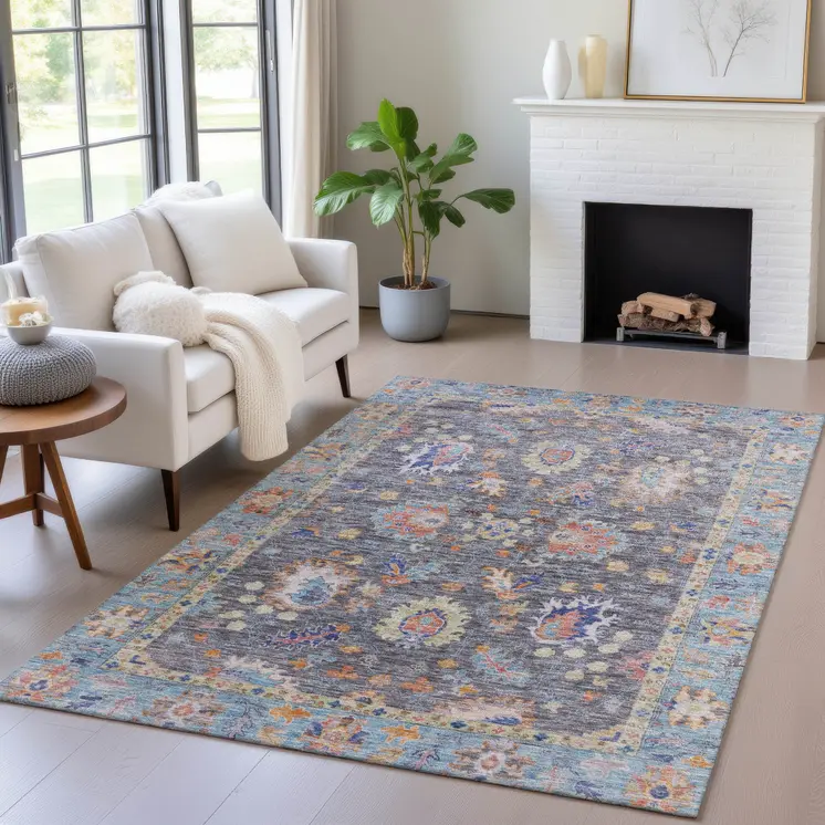 3' X 5' Gray And Denim Blue Floral Washable Indoor Outdoor Area Rug