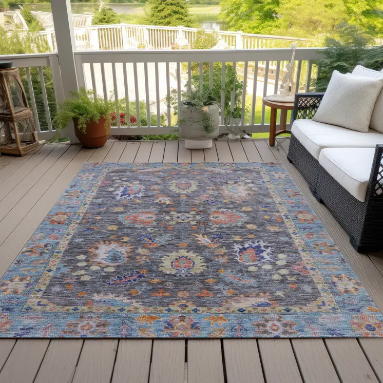 3' X 5' Gray And Denim Blue Floral Washable Indoor Outdoor Area Rug
