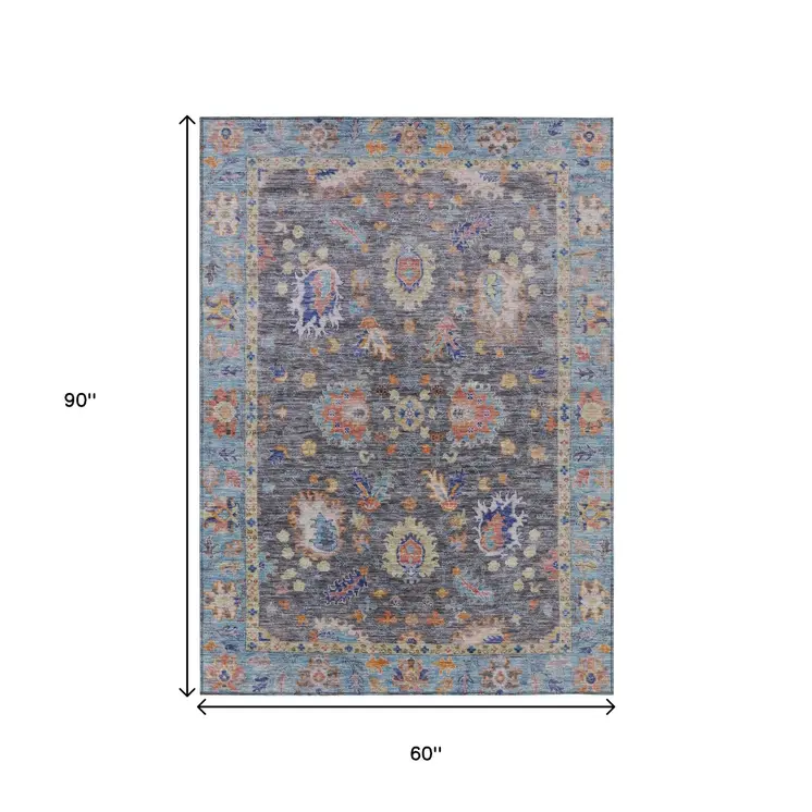 5' X 8' Gray And Denim Blue Floral Washable Indoor Outdoor Area Rug