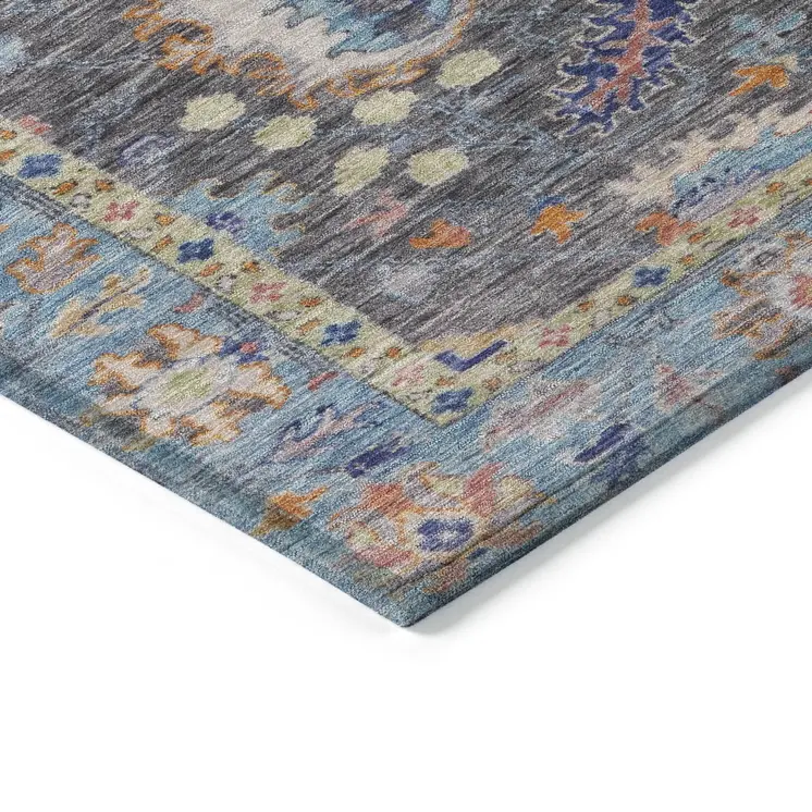 5' X 8' Gray And Denim Blue Floral Washable Indoor Outdoor Area Rug