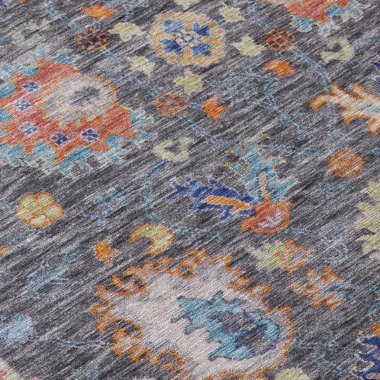 5' X 8' Gray And Denim Blue Floral Washable Indoor Outdoor Area Rug