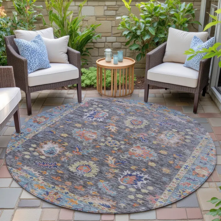 8' Gray And Denim Blue Round Floral Washable Indoor Outdoor Area Rug