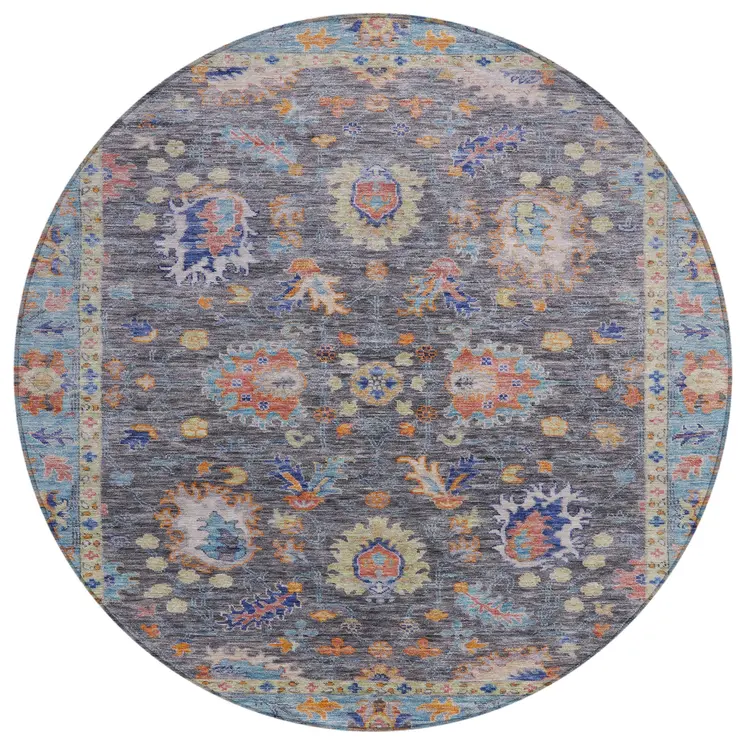 8' Gray And Denim Blue Round Floral Washable Indoor Outdoor Area Rug