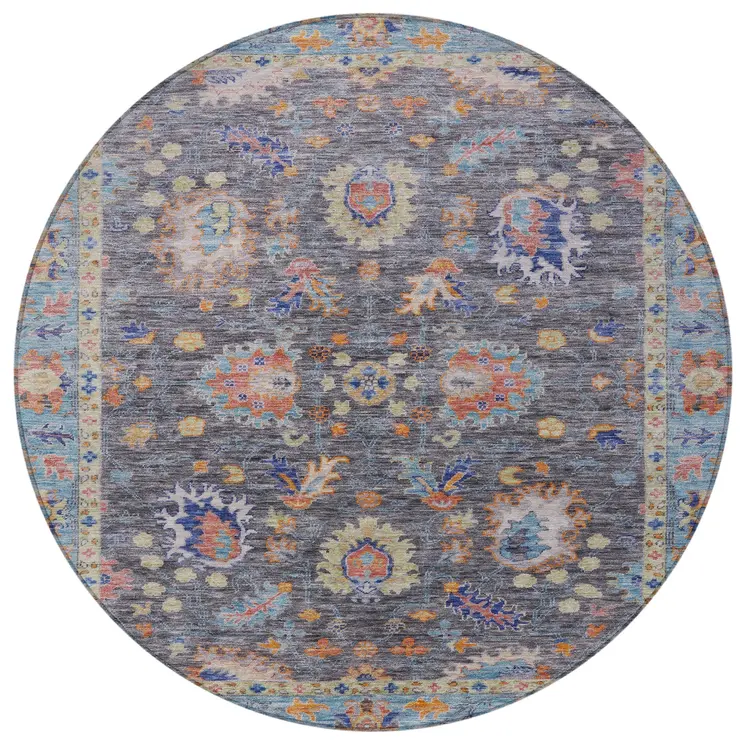 8' Gray And Denim Blue Round Floral Washable Indoor Outdoor Area Rug